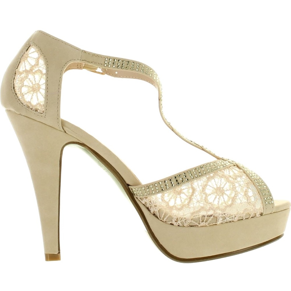 Elegant Beige Lace Platform Heels